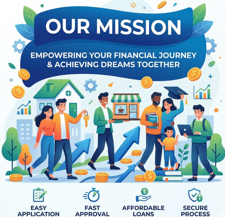 Illustration of families, business owners and students with loan application and financial support symbols.